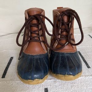 Kids duck boots, Rainboots, brown leather navy